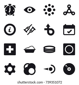16 vector icon set : alarm clock, eye, round around, spinner, info, first aid, washing, inflatable pool, ring button