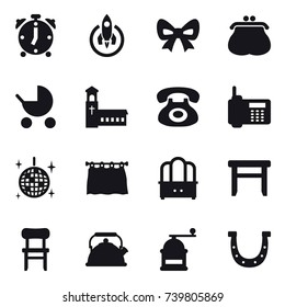 16 vector icon set : alarm clock, rocket, bow, purse, baby stroller, church, disco ball, curtain, dresser, stool, chair, kettle, hand mill, horseshoe