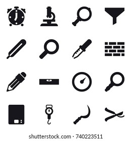 16 vector icon set : alarm clock, microscope, magnifier, funnel, brick wall, pencil, level, barometer, kitchen scales, handle scales, sickle, pruner