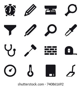 16 vector icon set : alarm clock, pencil, market scales, magnifier, funnel, brick wall, measuring tape, barometer, thermometer, kitchen scales, scoop
