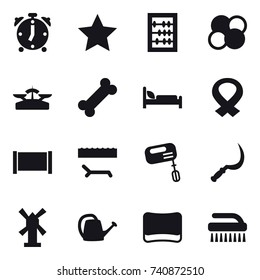 16 vector icon set : alarm clock, star, abacus, atom core, scales, fence, lounger, mixer, sickle, windmill, watering can, sponge, brush