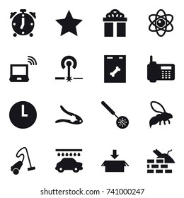 16 vector icon set : alarm clock, star, gift, atom, notebook wireless, laser, walnut crack, skimmer, wasp, vacuum cleaner, car wash, package, construct garbage