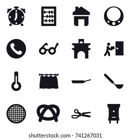 16 vector icon set : alarm clock, abacus, home, necklace, phone, arch, thermometer, curtain, pan, ladle, scissors, hive