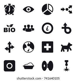 16 Vector Icon Set : Alarm Clock, Eye, Diagram, Core Splitting, Bio, Group, Info, Earth, First Aid, Dog, Ring Button, Washing