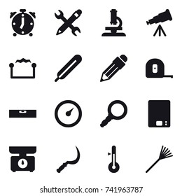 16 vector icon set : alarm clock, pencil wrench, microscope, telescope, electrostatic, pencil, measuring tape, level, barometer, kitchen scales, sickle, thermometer, rake