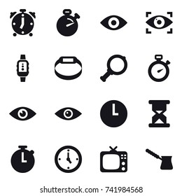 16 vector icon set : alarm clock, stopwatch, eye, eye identity, smartwatch, smart bracelet, magnifier, watch, tv, turk