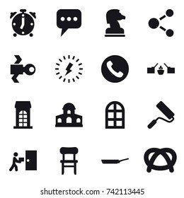 16 vector icon set : alarm clock, message, chess horse, molecule, satellite, lightning, phone, drawbridge, building, mansion, arch window, repair, chair, pan