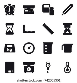 16 vector icon set : alarm clock, market scales, scales weight, ruler, barometer, measuring cup, kitchen scales, handle scales