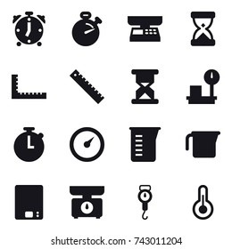 16 vector icon set : alarm clock, stopwatch, market scales, ruler, barometer, measuring cup, kitchen scales, handle scales