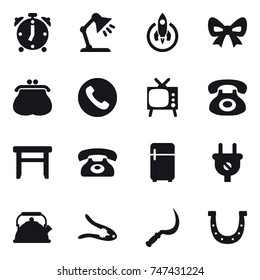 16 vector icon set : alarm clock, table lamp, rocket, bow, purse, phone, tv, stool, fridge, kettle, walnut crack, sickle, horseshoe