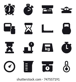 16 vector icon set : alarm clock, stopwatch, market scales, scales, scales weight, ruler, barometer, measuring cup, kitchen scales