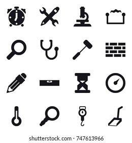 16 vector icon set : alarm clock, pencil wrench, microscope, electrostatic, brick wall, pencil, level, barometer, thermometer, handle scales, scoop