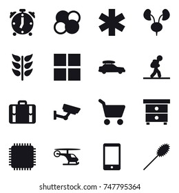 16 vector icon set : alarm clock, atom core, window, car baggage, tourist, suitcase, surveillance, cart, nightstand, duster