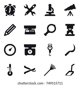 16 vector icon set : alarm clock, pencil wrench, microscope, telescope, pencil, market scales, magnifier, barometer, kitchen scales, handle scales, sickle, thermometer, pruner, rake, scoop