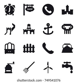 16 vector icon set : alarm clock, shop signboard, phone, castle, greate wall, fort, antique column, dresser, fence, kettle, hand mill, fork, windmill, water tap