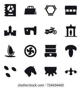 16 vector icon set : annual report, shopping bag, hex molecule, market, castle, slum, motorcycle, detector, windsurfing, cooler fan, seeds, horse, udder, hard reach place cleaning