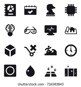 16 vector icon set : annual report, calendar, chess horse, chip, bulb brain, smart glasses, project, 3d, surfer, watch, ring button, drop, clean floor, clean  window