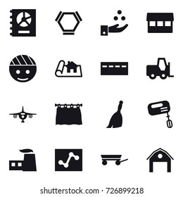 16 vector icon set : annual report, hex molecule, chamical industry, market, project, bunker, plane, curtain, broom, mixer, trailer, barn