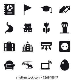 16 vector icon set : annual report, flag, graduate hat, up down arrow, japanese house, airport tower, suitcase, hotel, air conditioning, power socket, armchair, egg