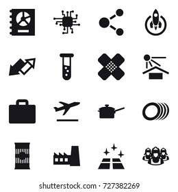 16 vector icon set : annual report, chip, molecule, rocket, up down arrow, vial, suitcase iocn, departure, saute pan, factory, clean floor, outsource