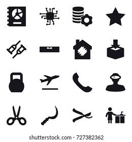16 vector icon set : annual report, chip, virtual mining, star, level, smart house, departure, scissors, sickle, pruner, kitchen cleaning