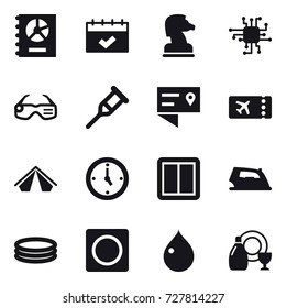 16 vector icon set : annual report, calendar, chess horse, chip, smart glasses, ticket, tent, watch, power switch, iron, inflatable pool, ring button, drop, dish cleanser