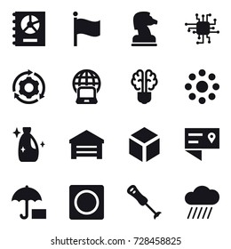 16 vector icon set : annual report, flag, chess horse, chip, around gear, notebook globe, bulb brain, round around, cleanser, garage, 3d, ring button, rain cloud