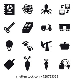 16 vector icon set : annual report, atom, virus, notebook connect, brick, air ballon, pets, pan, cutting board, carrot, dish cleanser
