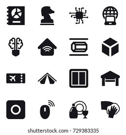 16 vector icon set : annual report, chess horse, chip, notebook globe, bulb brain, wireless home, nanotube, 3d, ticket, tent, power switch, garage, ring button, dish cleanser, wiping