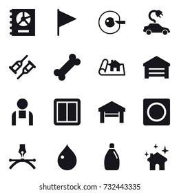 16 vector icon set : annual report, flag, cell corection, electric car, project, garage, power switch, ring button, drop, cleanser, house cleaning