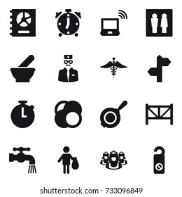 16 vector icon set : annual report, alarm clock, notebook wireless, wc, pan, farm fence, water tap, trash, outsource, do not distrub