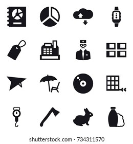 16 vector icon set : annual report, diagram, cloude service, smartwatch, label, cashbox, panel house, deltaplane, lounger, handle scales, axe, rabbit, shampoo