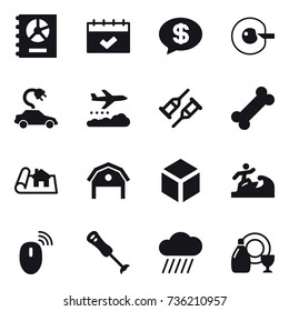 16 vector icon set : annual report, calendar, money message, cell corection, electric car, weather management, project, barn, 3d, surfer, rain cloud, dish cleanser