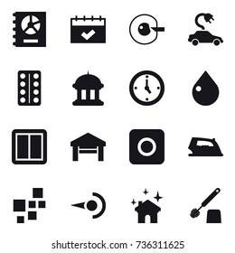 16 vector icon set : annual report, calendar, cell corection, electric car, goverment house, watch, drop, power switch, garage, ring button, iron, house cleaning, toilet brush