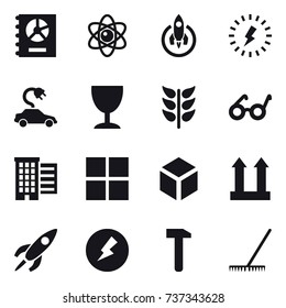 16 vector icon set : annual report, atom, rocket, lightning, electric car, wineglass, houses, window, 3d, electricity, rake
