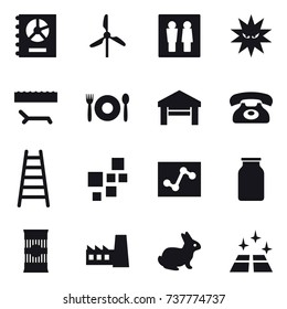 16 vector icon set : annual report, windmill, wc, lounger, cafe, garage, phone, stairs, factory, rabbit, clean floor