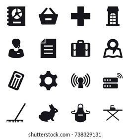 16 vector icon set : annual report, remove from basket, building, suitcase, map, inflatable mattress, rake, rabbit, apron, iron board