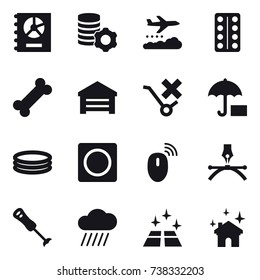 16 vector icon set : annual report, virtual mining, weather management, garage, inflatable pool, ring button, rain cloud, clean floor, house cleaning