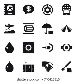 16 vector icon set : annual report, money message, around gear, notebook globe, weather management, tent, drop, ring button, clean  window, wiping, toilet brush