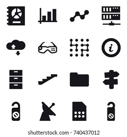 16 vector icon set : annual report, graph, server, cloude service, smart glasses, chip, info, stairs, signpost, do not distrub