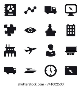 16 vector icon set : annual report, graph, truck, monitor arrow, puzzle, building, factory, yacht, watch