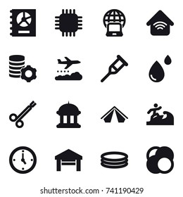 16 vector icon set : annual report, chip, notebook globe, wireless home, virtual mining, weather management, goverment house, tent, surfer, watch, garage, inflatable pool
