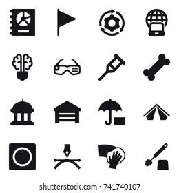16 vector icon set : annual report, flag, around gear, notebook globe, bulb brain, smart glasses, goverment house, garage, tent, ring button, wiping, toilet brush