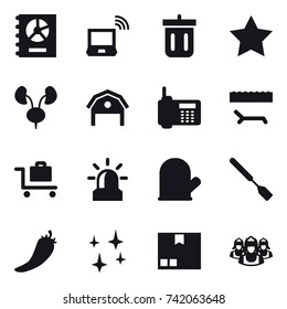 16 vector icon set : annual report, notebook wireless, bin, star, barn, lounger, baggage trolley, alarm, cook glove, spatula, hot pepper, shining, package, outsource