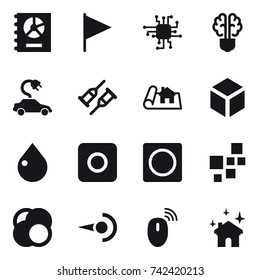 16 vector icon set : annual report, flag, chip, bulb brain, electric car, project, 3d, drop, ring button, house cleaning