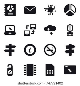 16 vector icon set : annual report, mail, chip, diagram, notebook, notebook connect, cloude service, crystall  memory, singlepost, info, no smoking, signpost, do not distrub