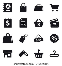 16 vector icon set : annual report, shopping bag, cart, receipt, account balance, delete cart, credit card, label, sale, percent, shop, hanger