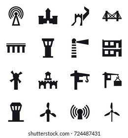 16 vector icon set : antenna, castle, greate wall, bridge, airport tower, lighthouse, modular house, windmill, fort, tower crane