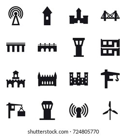 16 vector icon set : antenna, tower, castle, bridge, airport tower, modular house, fort, gothic architecture, palace, tower crane, windmill