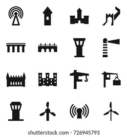 16 vector icon set : antenna, tower, castle, greate wall, bridge, airport tower, lighthouse, gothic architecture, palace, tower crane, windmill